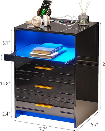 HNEBC RGB LED Nightstand with Wireless Charging Station, Smart Night Stand with 3 Drawers and Sliding Tray, Modern Bedside Table for Bedroom Furniture, High Gloss End Sofa Tables (B Black) - LeafyLoom