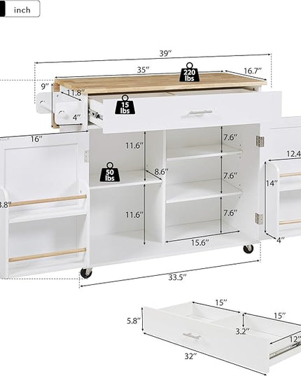 RITSU 39" Rolling Kitchen Island Cart, Indoor Bar Storage Cabinet Organizer with Divider Internal Cabinet Rack, Portable Movable Table w/Adjustable Shelf Towel Rack, for Dining Room, White - LeafyLoom