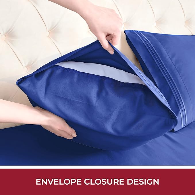 Mellanni RV Short Queen Sheets - 4 PC Iconic Collection Bedding Sheets & Pillowcases - Hotel Luxury, Extra Soft, Cooling Bed Sheets - Deep Pocket up to 10 inch (RV/Short Queen, Royal Blue) - LeafyLoom