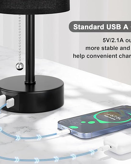 Black Bedside Lamp for Bedroom Nightstand - Small Table Lamp with USB A + C Charging Port, 3 Color Temperatures Pull Chain Night Stand Light with Bulb， Side Table Desk Reading Lamp for Living Room - LeafyLoom