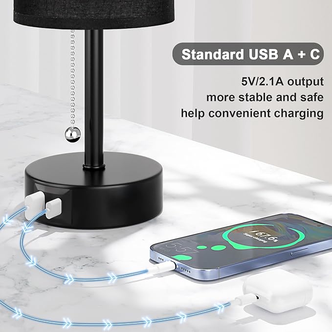 Black Bedside Lamp for Bedroom Nightstand - Small Table Lamp with USB A + C Charging Port, 3 Color Temperatures Pull Chain Night Stand Light with Bulb， Side Table Desk Reading Lamp for Living Room - LeafyLoom