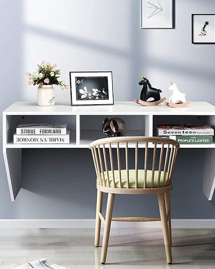 Computer Floating, Home Office Working, 42.5” Laptop Table Writing w/Storage Shelves, Modern Console Media Cabinet Wall Mounted Desk Hutch, White - LeafyLoom
