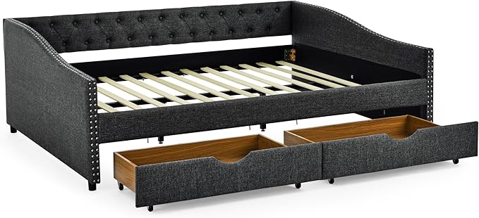 Queen Size Mid-Century Daybed, 2 Storage Drawers,Linen Button Upholstered Tufted Bed, Copper Nail on Waved Shape Arms, No Box Spring Needed,for Bedroom, Livingroom - LeafyLoom