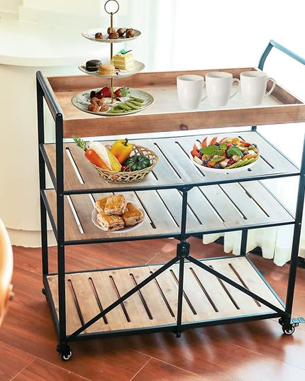 Vipush Kitchen Serving Cart, 4-Tier Kitchen Utility Cart on Wheels with Storage for Living Room, Wood Look Accent Furniture with Metal - LeafyLoom