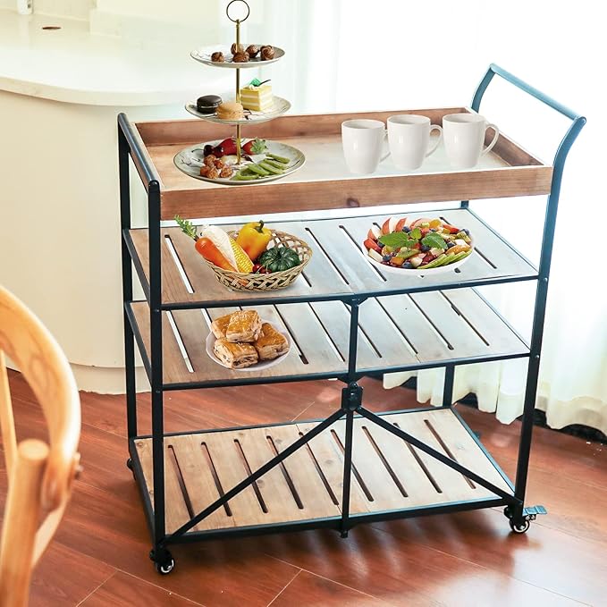 Vipush Kitchen Serving Cart, 4-Tier Kitchen Utility Cart on Wheels with Storage for Living Room, Wood Look Accent Furniture with Metal - LeafyLoom