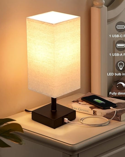 Ambimall Beige Table Lamp with USB Ports - 3 Way Touch Lamps Beside Desk, Nightstand Lamp for Bedrooms Living Room, Beige Shade with Black Base, LED Bulb Included(Beige) - LeafyLoom