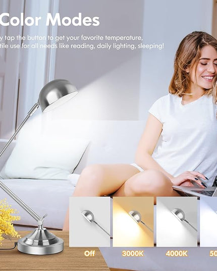 Touch Control LED Desk Lamp with USB Charging Port, Architect Brushed Nickle Lamp with Adjustable Swing Arm, Dimmable Silver Desk Lamp for Home Office Reading Study, 3000K/4000K/5000K 3 Color Modes - LeafyLoom