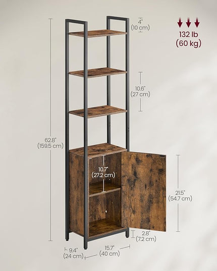 VASAGLE 6-Tier Bookshelf, Tall Bookcase with Door, Steel Frame, Adjustable Shelves, 9.4 x 15.7 x 62.8 Inches, Living Room Bedroom, Rustic Brown and Ink Black ULLS132K01 - LeafyLoom