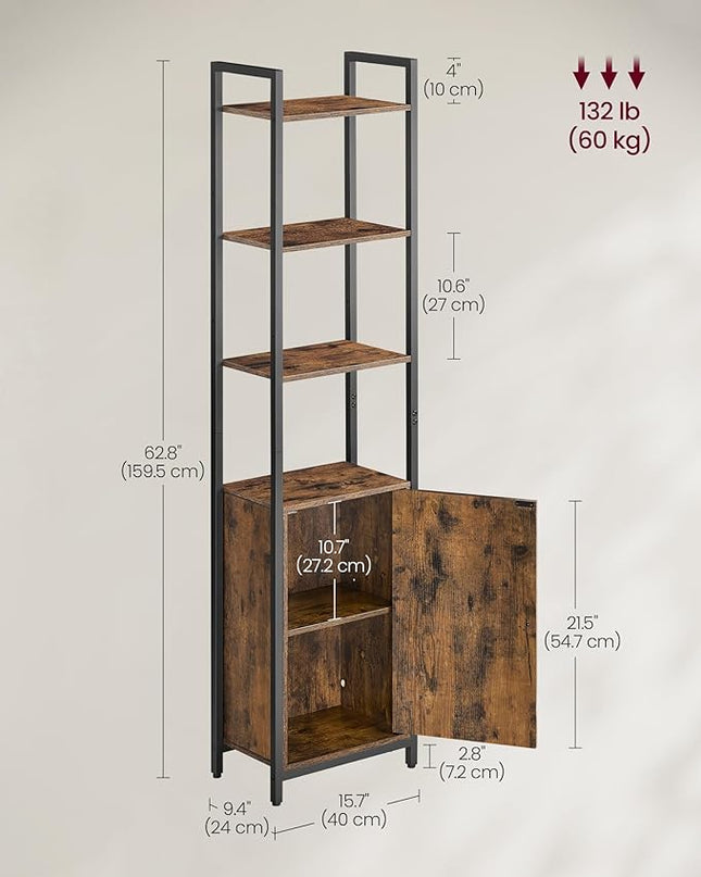 VASAGLE 6-Tier Bookshelf, Tall Bookcase with Door, Steel Frame, Adjustable Shelves, 9.4 x 15.7 x 62.8 Inches, Living Room Bedroom, Rustic Brown and Ink Black ULLS132K01 - LeafyLoom