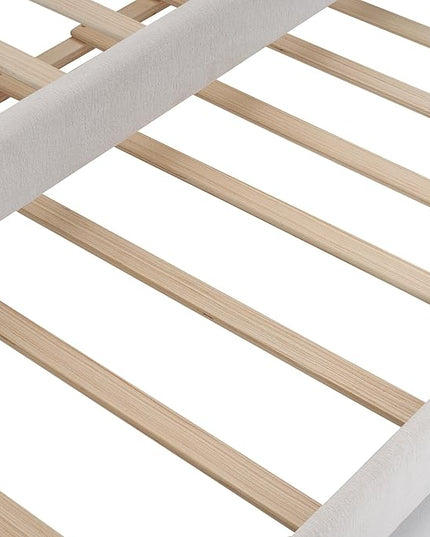 Twin Size Chenille Upholstered Platform Bed with Cartoon Ears Shaped Headboard and Twin-Size Trundle,Guardrail,Wood Bed-frame for Boys Girls,Bedroom Furniture for Children,White - LeafyLoom