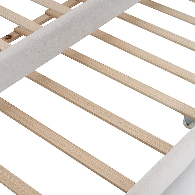 Twin Size Chenille Upholstered Platform Bed with Cartoon Ears Shaped Headboard and Twin-Size Trundle,Guardrail,Wood Bed-frame for Boys Girls,Bedroom Furniture for Children,White - LeafyLoom