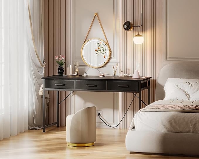 AODK 54 Inch Computer Desk with 3 Fabric Drawers, Office Desk with USB/Type-C Charging Ports & Power Outlets, Vanity Desk with Iron Hook for Bedroom, Study/Writing/Work Table for Bedroom, Black - LeafyLoom