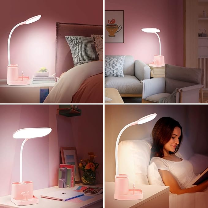 Mubarek Cute Desk Lamp Pink Lamp Cute Desk Accessories, 3 Modes 8W Dimmable Pink Desk Lamp+Organizers, Pink Desk Accessories Kawaii Desk Accessories, Cute Lamp Cute Desk Decor Cute Office Supplies - LeafyLoom