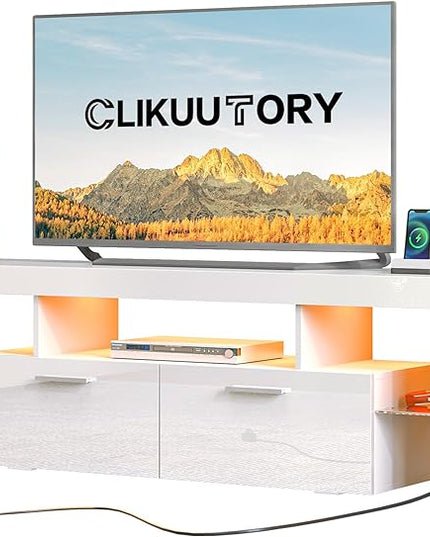 Clikuutory Modern LED White 67 inch TV Stand with Power Outlet and Large Storage for 40 50 55 60 65 70 75 Inch TVs, Wood TV Console with High Glossy Entertainment Center for Living Room, Bedroom - LeafyLoom