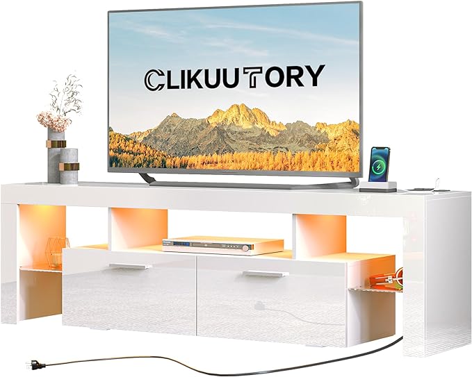Clikuutory Modern LED White 67 inch TV Stand with Power Outlet and Large Storage for 40 50 55 60 65 70 75 Inch TVs, Wood TV Console with High Glossy Entertainment Center for Living Room, Bedroom - LeafyLoom