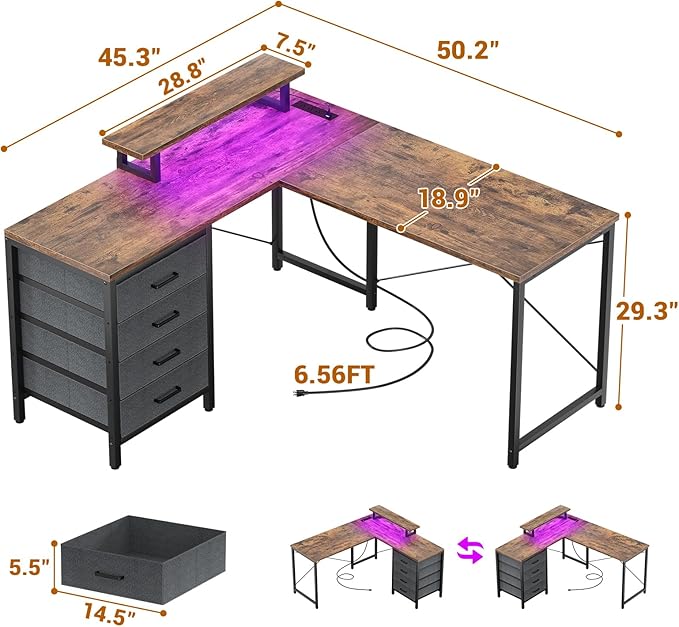 Homieasy L Shaped Desk with Drawers & Power Outlets, Reversible Computer Desk with LED Light and Monitor Stand, 50 Inch Home Office Gaming Work Study Desk with 4 Storage Drawers, Rustic Brown - LeafyLoom