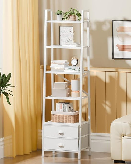 Furologee 5-Tier Ladder Shelf with 2 Drawers,Narrow Bookshelf Storage Shelves,Industrial Bookcase Freestanding Shelf Units for Bedroom,Living Room,Bathroom,Home Office,Balcony,Wood Metal, White - LeafyLoom
