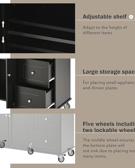 Kitchen Cart with Wood Top and Drop Leaf Breakfast Bar, Rolling Mobile Kitchens Island w/Storage and Towel Rack, Large Storage Cabinet Table for Dinning Room - LeafyLoom