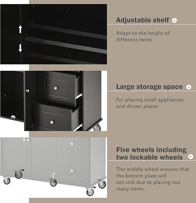 Kitchen Cart with Wood Top and Drop Leaf Breakfast Bar, Rolling Mobile Kitchens Island w/Storage and Towel Rack, Large Storage Cabinet Table for Dinning Room - LeafyLoom