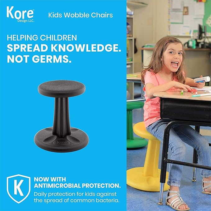 Kore Kids Pre-Teen Wobble Chair - Flexible Seating Stool for Classroom, Home & School, ADD/ADHD - Made in The USA - Age 10-11, Grade 5-6, Black (18.7in) - LeafyLoom
