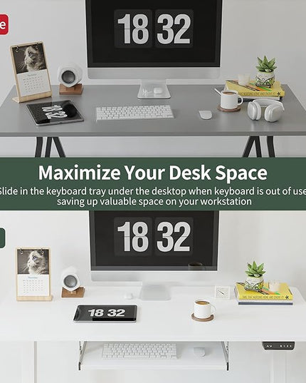 FEZIBO Standing Desk with Keyboard Tray, 48 × 24 Inches Electric Height Adjustable Desk, Sit Stand Up Desk, Computer Office Desk, White - LeafyLoom