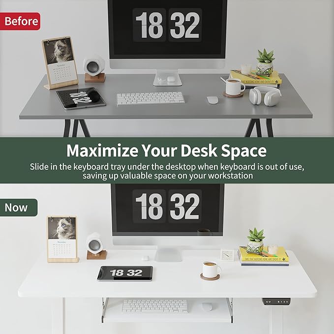 FEZIBO Standing Desk with Keyboard Tray, 63 × 24 Inches Electric Height Adjustable Desk, Sit Stand Up Desk, Computer Office Desk, White - LeafyLoom