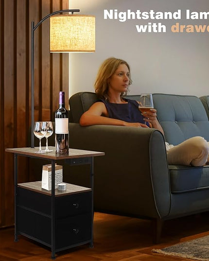 PESRAE Floor Lamp with Table & 2 Drawers, End Table with 3 Color Temperature Reading Light, Side Table Lamp with USB & Type C & AC Charging Port for Living Room, Home Office - LeafyLoom