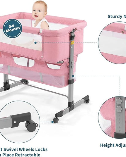 3 in 1 Travel Baby Crib,Baby Bed with Breathable Net,Adjustable Portable Bed for Infant/Baby with Detachable Mosquito net and Mattress,Pink - LeafyLoom
