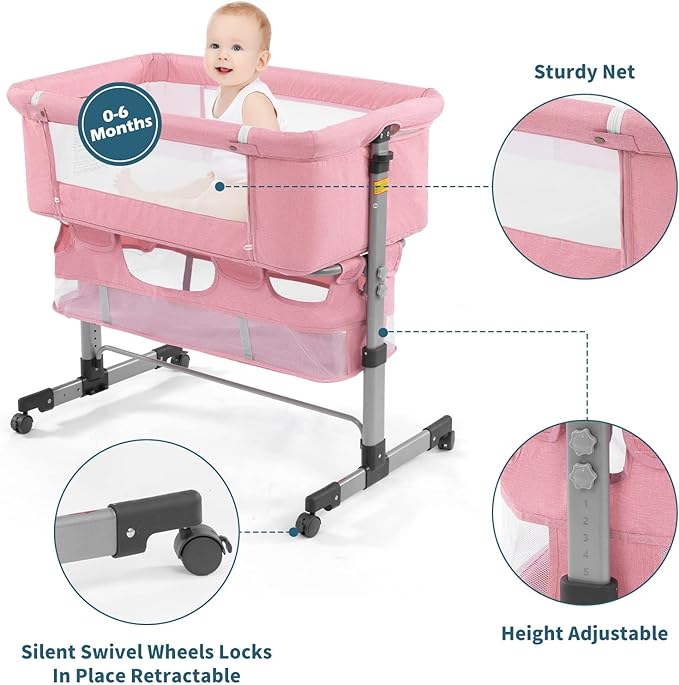 3 in 1 Travel Baby Crib,Baby Bed with Breathable Net,Adjustable Portable Bed for Infant/Baby with Detachable Mosquito net and Mattress,Pink - LeafyLoom