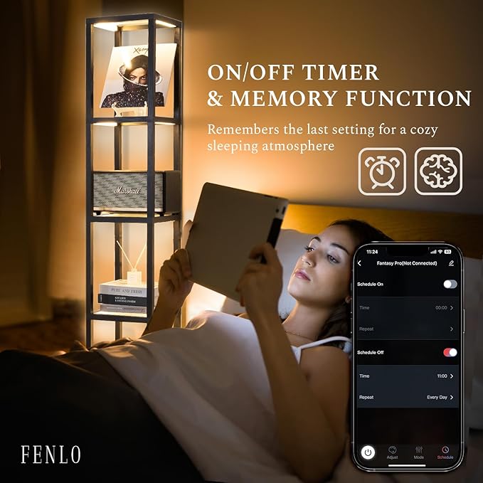 FENLO Fantasy Pro - 66" Glass Dimmable LED Floor Lamp with Shelves for Bedroom, Tempered Glass Display Shelf Lamp for Living Room, Open Display Stand for Business, Long Lasting LED, Unique Home Decor - LeafyLoom