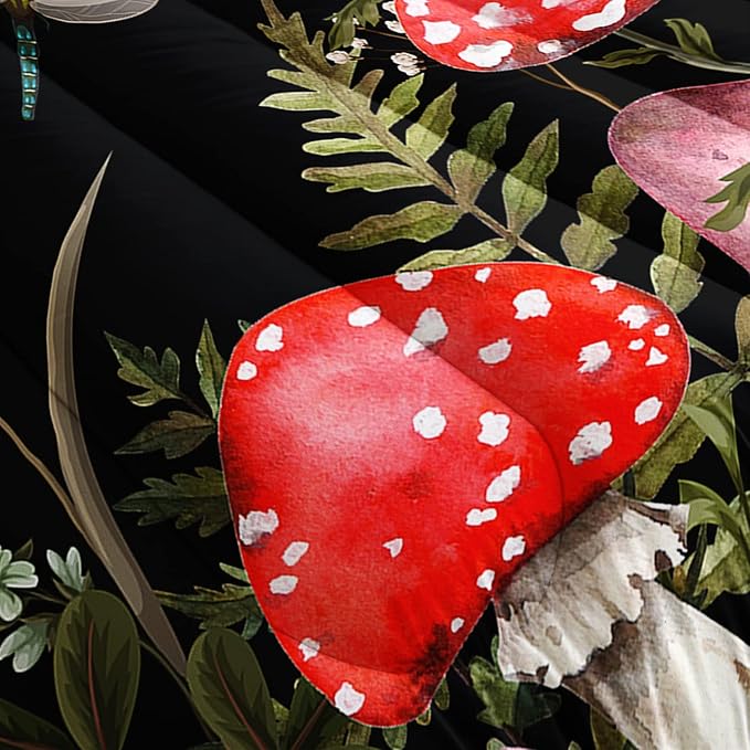 Red Mushroom Kawaii Comforter Set Full Size Kids Mushroom Dragonfly Bedding Set Botanical Plant Theme Print Quilt Bed Set for Boys Girls Adults with 1 Comforter and 2 Pillowcases - LeafyLoom