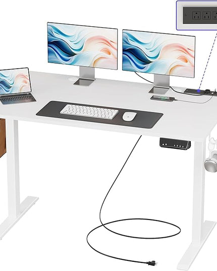 JOISCOPE Height Adjustable Electric Standing Desk with Power Outlets, 55 x 24 Inch Sit Stand Desk for Small Space Home Office, White - LeafyLoom