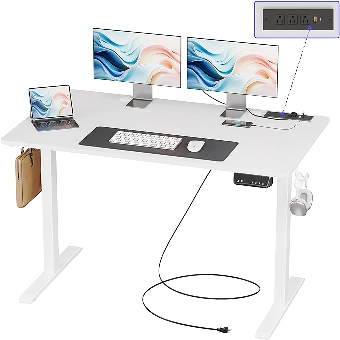 JOISCOPE Height Adjustable Electric Standing Desk with Power Outlets, 55 x 24 Inch Sit Stand Desk for Small Space Home Office, White - LeafyLoom
