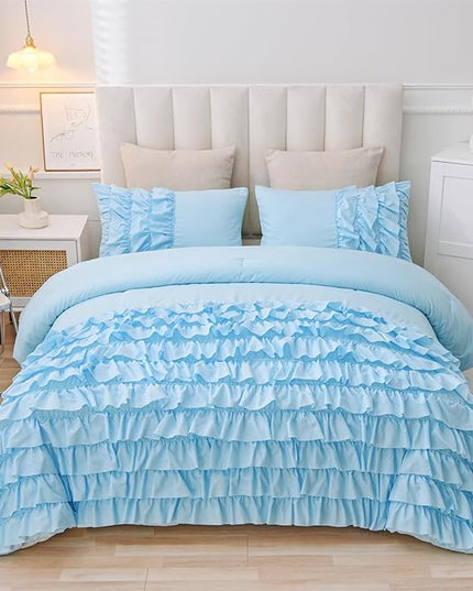 A Nice Night Waterfall Flutter Ruffle 3PCS Comforter Set,Chic Ruffled Textured Princess Bedding Set,Blue,Twin - LeafyLoom