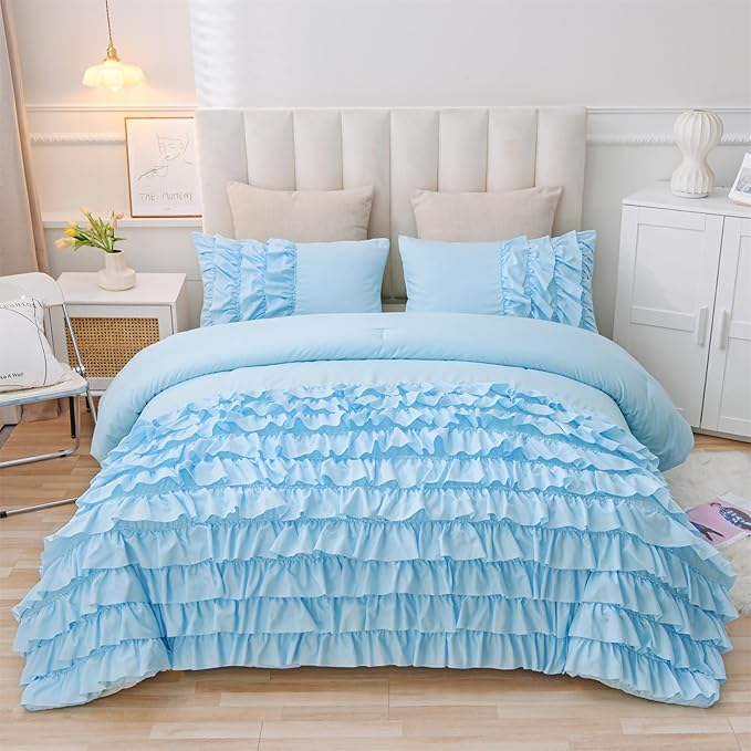 A Nice Night Waterfall Flutter Ruffle 3PCS Comforter Set,Chic Ruffled Textured Princess Bedding Set,Blue,Twin - LeafyLoom