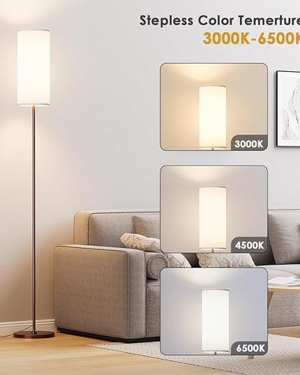 Floor Lamp for Living Room, Modern Standing lamp with Remote Control, Stepless Dimmable 12W Bulb & Beige Lampshade Included, Brown Pole Tall Floor Lamp for Bedroom Office - LeafyLoom