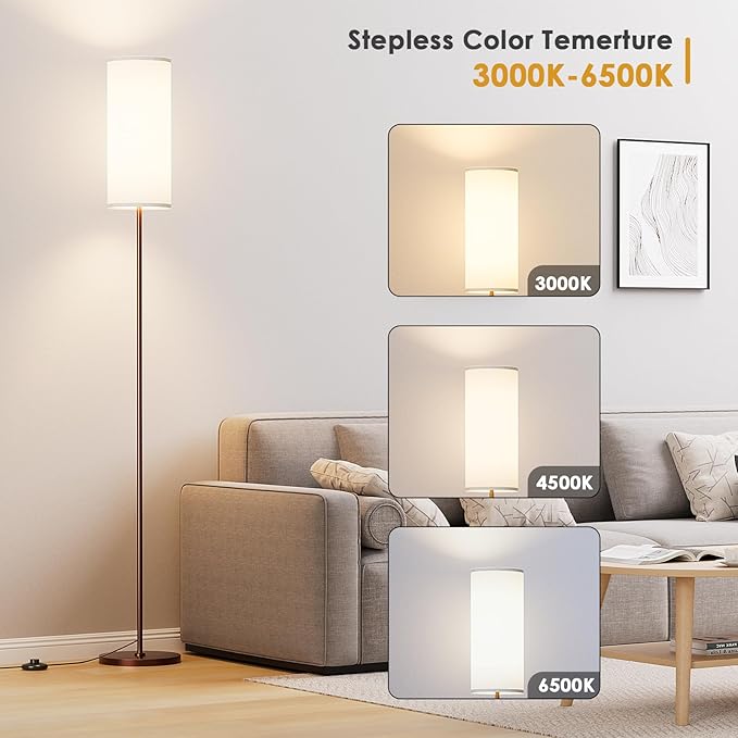 Floor Lamp for Living Room, Modern Standing lamp with Remote Control, Stepless Dimmable 12W Bulb & Beige Lampshade Included, Brown Pole Tall Floor Lamp for Bedroom Office - LeafyLoom