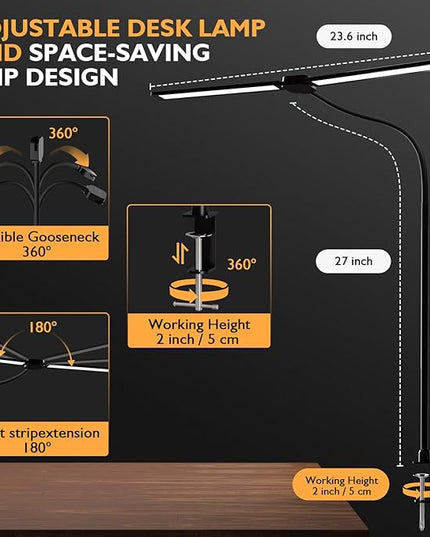Desk Lamp,20W Ultra Bright Auto Dimming Desk Light Stepless Dimming and Tempering LED Desk Lamp,Dual Screen Computer Monitor Gooseneck Smart Light,5 adjustable lighting modes for Office Home - LeafyLoom