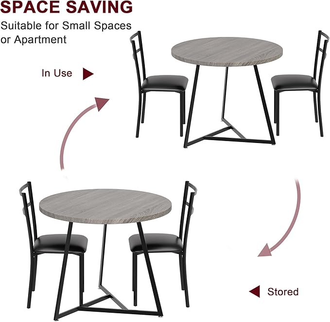 GAOMON Dining Table Set for 2, Kitchen Table and Chairs for 2 with Upholstered Chairs, 3 Piece Dining Room Table Set, Round Kitchen Table Set for Small Space, Apartment, Studio, Rustic Gray - LeafyLoom