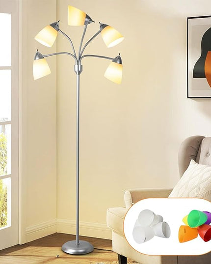 DINGLILIGHTING Floor Lamp Tall for Room: Flexible Gooseneck Floor Lamps Standing for Bedroom Home Office - Modern Floor Lights Silver 5-Light - LeafyLoom