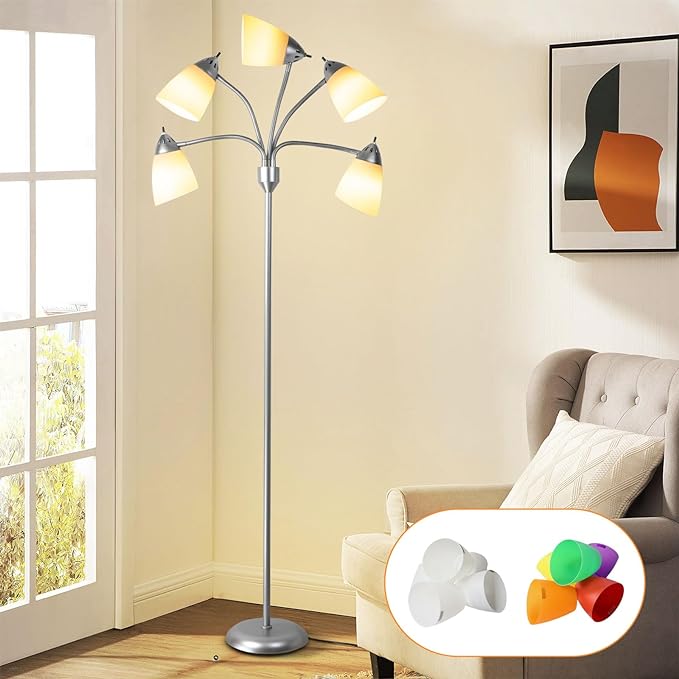 DINGLILIGHTING Floor Lamp Tall for Room: Flexible Gooseneck Floor Lamps Standing for Bedroom Home Office - Modern Floor Lights Silver 5-Light - LeafyLoom