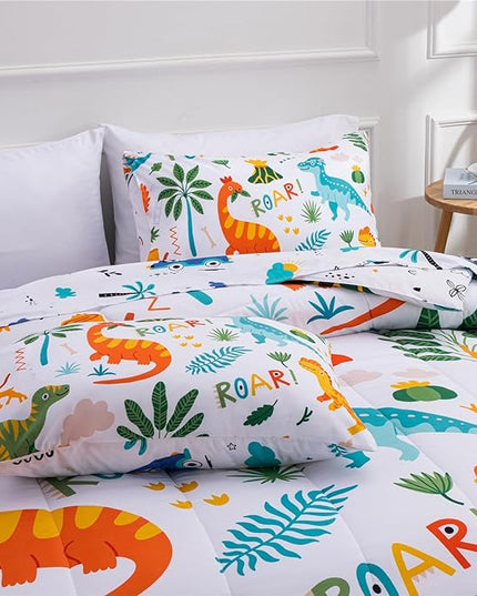 Meeting Story Dinosaur Bedding Set for Boys, Dinosaur Colorful Pattern Style Full Comforter Set, 3 PCS 1 Comforter and 2 Pillowcases in One Bag(Full,White) - LeafyLoom