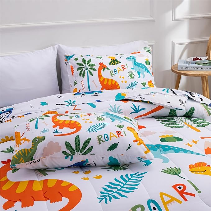 Meeting Story Dinosaur Bedding Set for Boys, Dinosaur Colorful Pattern Style Full Comforter Set, 3 PCS 1 Comforter and 2 Pillowcases in One Bag(Full,White) - LeafyLoom