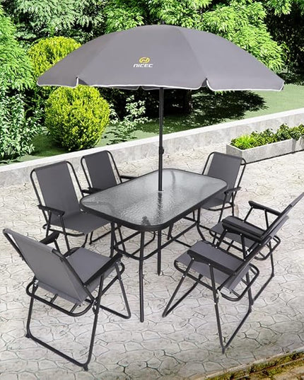 Nice C Outdoor Dining Sets, Patio Furniture Set, 8 Piece Set with Umbrella, Garden Outdoor Furniture Table Set with Tilted Removable Umbrella, Glass Table, and 6 Folding Chairs (Grey) - LeafyLoom