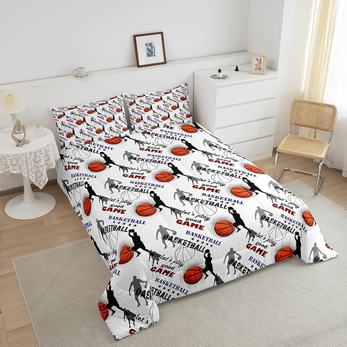 Erosebridal Teen Boys Basketball Bedding Full Size Basketball Player Quilt Set Kids Girls Sports Bed Comforter Set All Season,Soft Lightweight Duvet Set 1 Basketball Comforter and 2 Pillow Cases - LeafyLoom