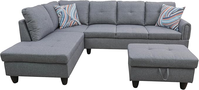 ROOMTEC Button Modern L Shape Sectional Sofa Set, Upholstered Corner Couch with Storage Ottoman, Linen Tufted Cushions, for Living Room, Apartment, 97inch, Grey w/Left Chaise Lounge - LeafyLoom