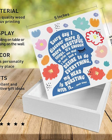 Home Office Desk Wooden Box Sign Decor, I Discover More & More Beautiful Things, Inspirational Quotes Desk Decor Motivational Desk Decorations for Women Girls Teens Student Office Classroom School - LeafyLoom
