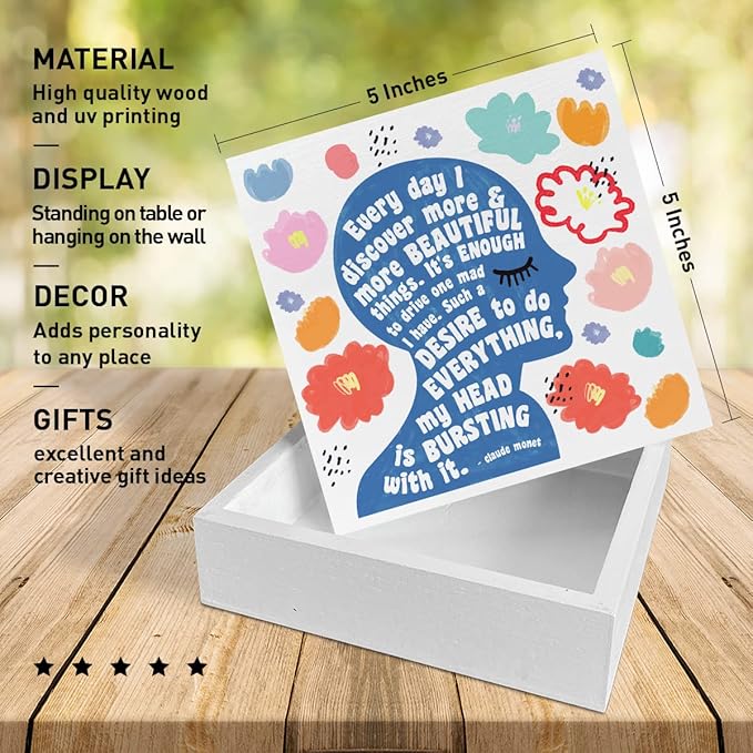 Home Office Desk Wooden Box Sign Decor, I Discover More & More Beautiful Things, Inspirational Quotes Desk Decor Motivational Desk Decorations for Women Girls Teens Student Office Classroom School - LeafyLoom
