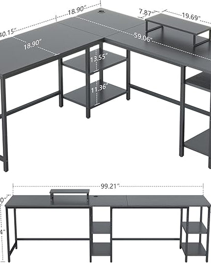 BANTI L Shaped Desk with Storage, 59 Inch Reversible Corner Computer Desk or 2 Person Long Table Desk, Home Office Large Gaming Writing Storage Workstation with Monitor Stand, Black - LeafyLoom