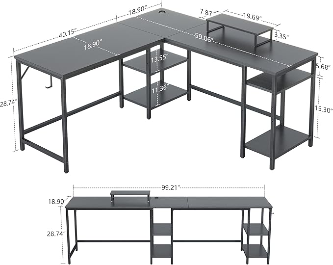 BANTI L Shaped Desk with Storage, 59 Inch Reversible Corner Computer Desk or 2 Person Long Table Desk, Home Office Large Gaming Writing Storage Workstation with Monitor Stand, Black - LeafyLoom